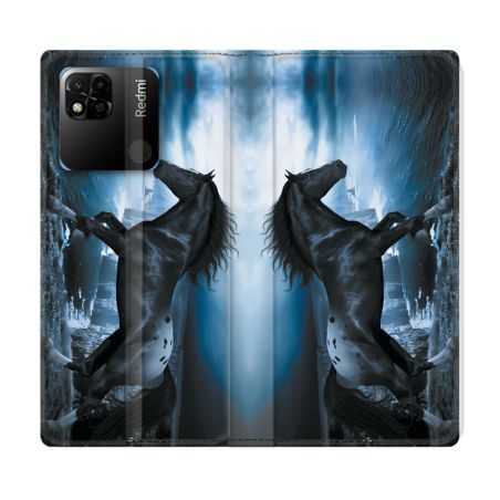 Housse cuir portefeuille Pour Xiaomi Redmi 10A Animal Cheval Noir
