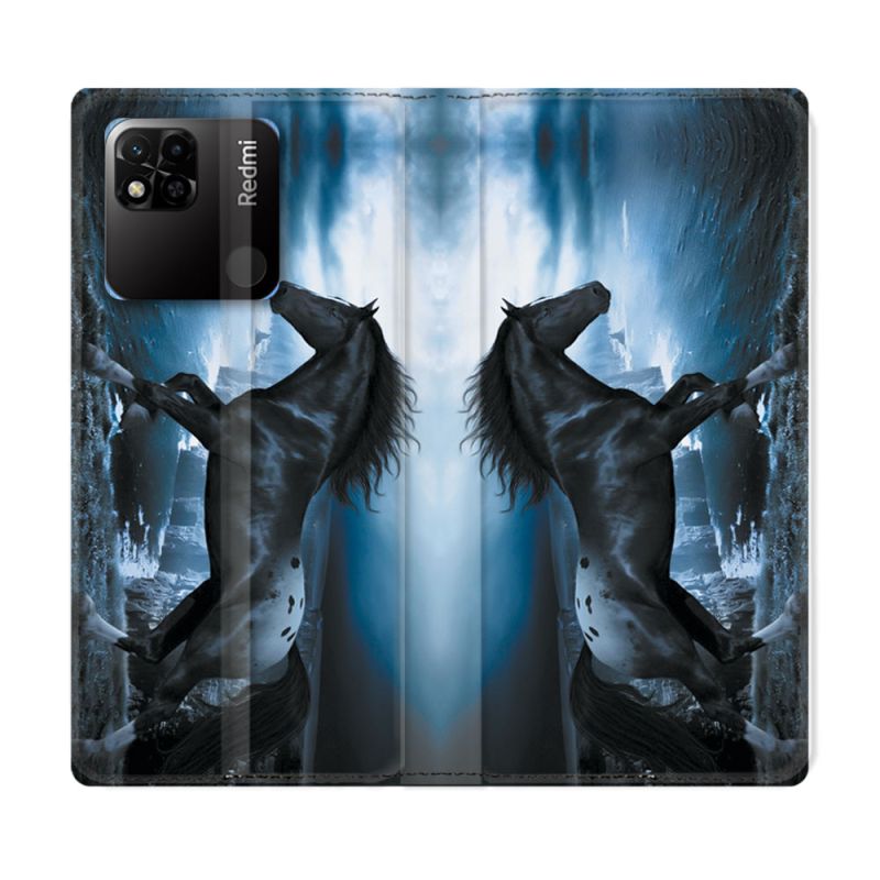 Housse cuir portefeuille Pour Xiaomi Redmi 10A Animal Cheval Noir