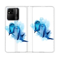 Housse cuir portefeuille Pour Xiaomi Redmi 10A Animal Dauphin Duo