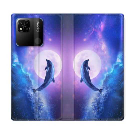 Housse cuir portefeuille Pour Xiaomi Redmi 10A Animal Dauphin Vague