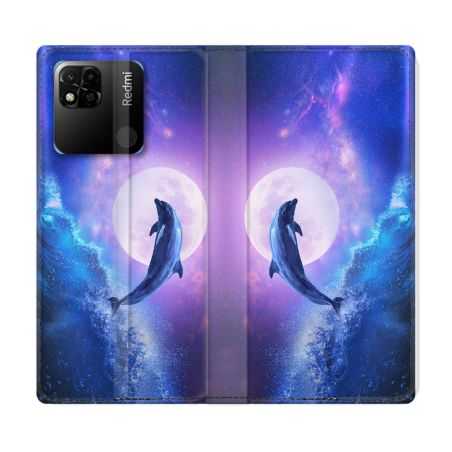 Housse cuir portefeuille Pour Xiaomi Redmi 10A Animal Dauphin Vague