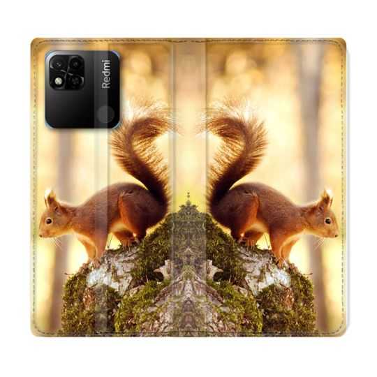 Housse cuir portefeuille Pour Xiaomi Redmi 10A Animal Ecureuil Bois