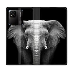 Housse cuir portefeuille Pour Xiaomi Redmi 10A Animal Elephant Noir