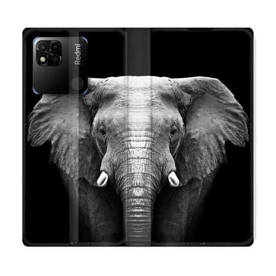 Housse cuir portefeuille Pour Xiaomi Redmi 10A Animal Elephant Noir