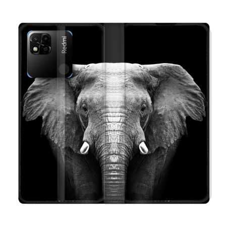 Housse cuir portefeuille Pour Xiaomi Redmi 10A Animal Elephant Noir