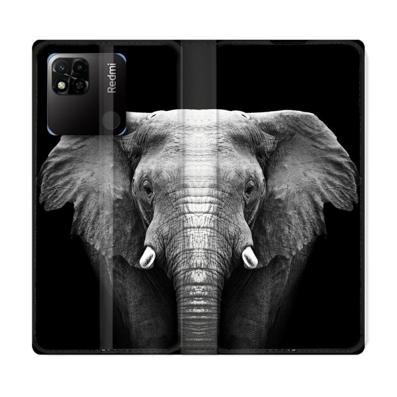 Housse cuir portefeuille Pour Xiaomi Redmi 10A Animal Elephant Noir