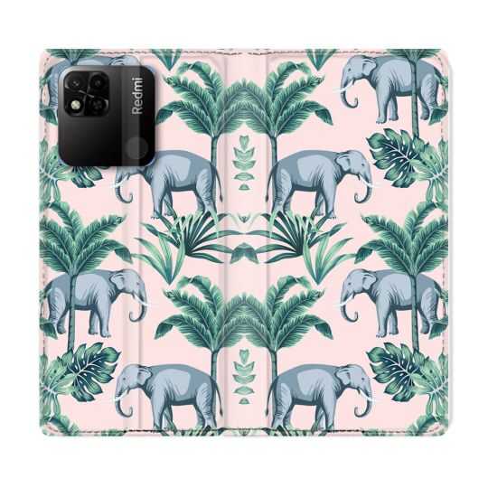 Housse cuir portefeuille Pour Xiaomi Redmi 10A Animal Elephant Pattern