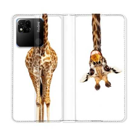 Housse cuir portefeuille Pour Xiaomi Redmi 10A Animal Girafe Blanche