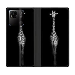 Housse cuir portefeuille Pour Xiaomi Redmi 10A Animal Girafe Noire