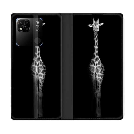 Housse cuir portefeuille Pour Xiaomi Redmi 10A Animal Girafe Noire
