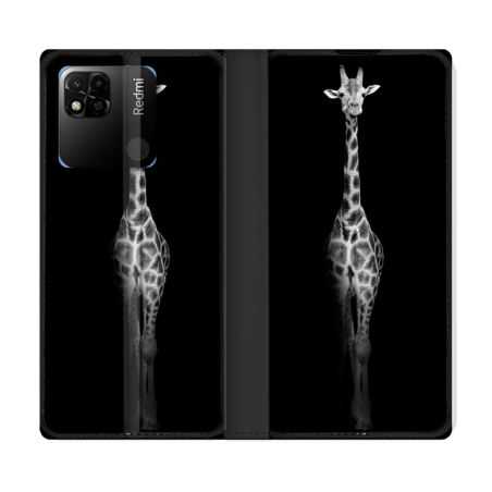 Housse cuir portefeuille Pour Xiaomi Redmi 10A Animal Girafe Noire