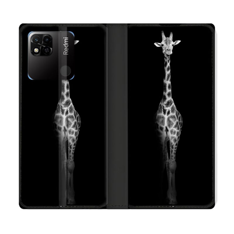 Housse cuir portefeuille Pour Xiaomi Redmi 10A Animal Girafe Noire