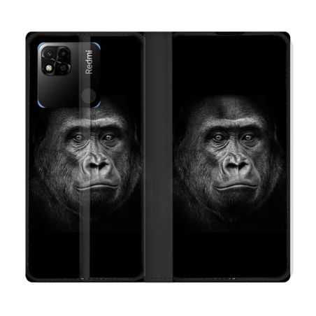 Housse cuir portefeuille Pour Xiaomi Redmi 10A Animal Gorille Noir