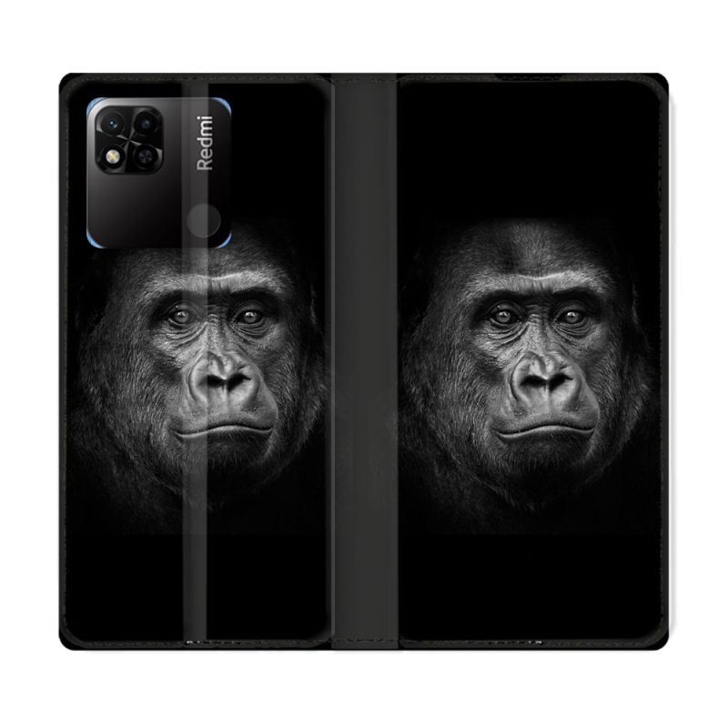 Housse cuir portefeuille Pour Xiaomi Redmi 10A Animal Gorille Noir