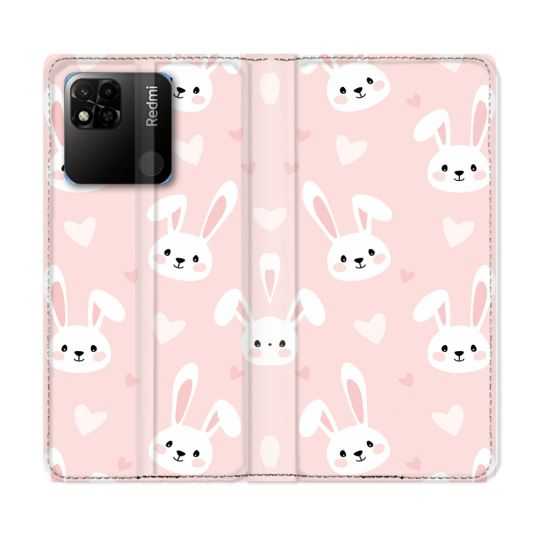 Housse cuir portefeuille Pour Xiaomi Redmi 10A Animal Lapin Rose