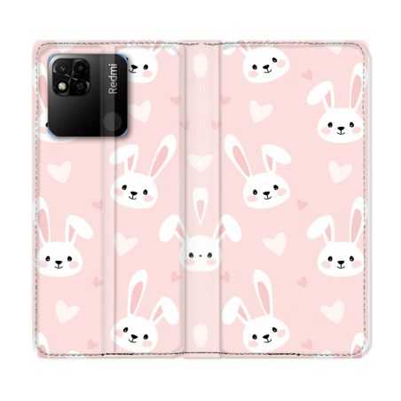 Housse cuir portefeuille Pour Xiaomi Redmi 10A Animal Lapin Rose