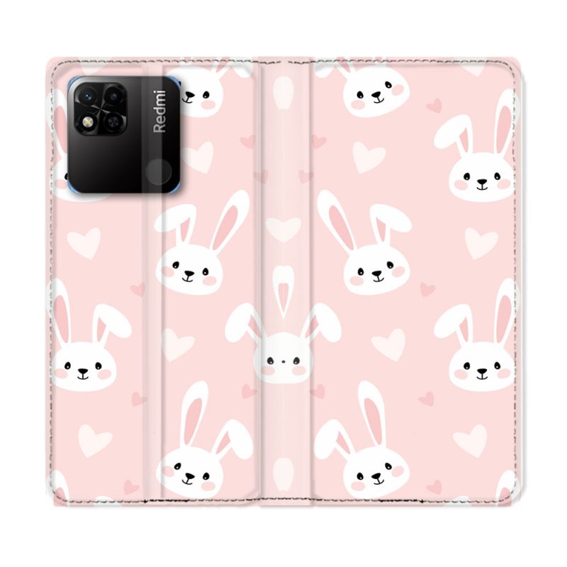 Housse cuir portefeuille Pour Xiaomi Redmi 10A Animal Lapin Rose
