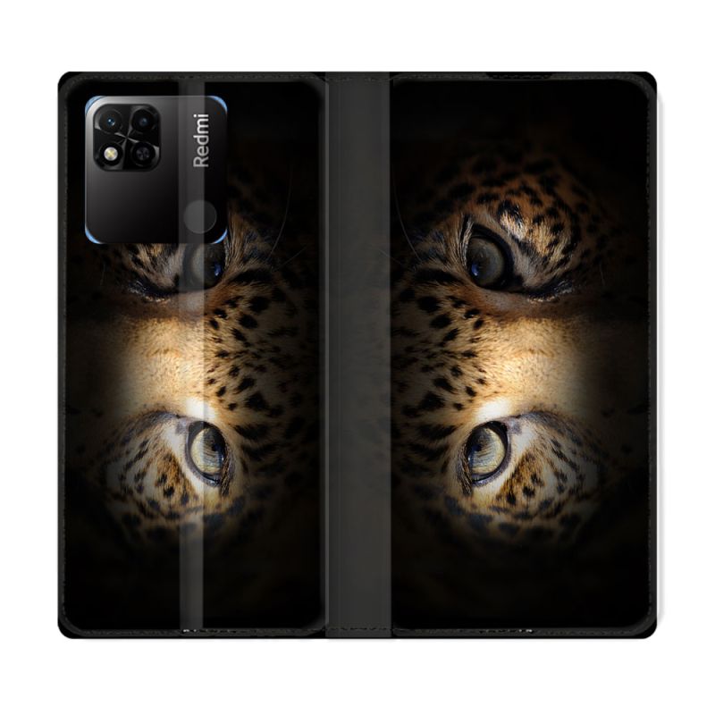 Housse cuir portefeuille Pour Xiaomi Redmi 10A Animal Leopard Yeux