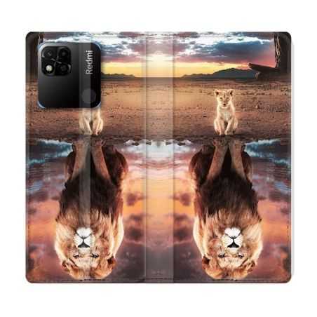 Housse cuir portefeuille Pour Xiaomi Redmi 10A Animal Lion Reflet