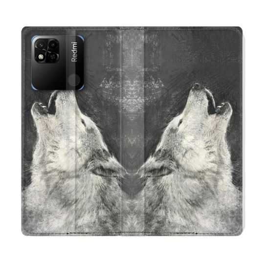 Housse cuir portefeuille Pour Xiaomi Redmi 10A Animal Loup Hurlement