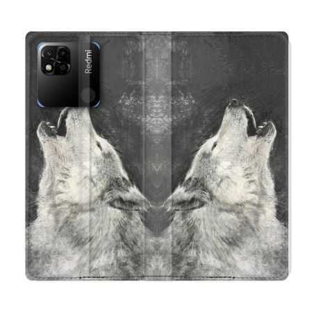 Housse cuir portefeuille Pour Xiaomi Redmi 10A Animal Loup Hurlement
