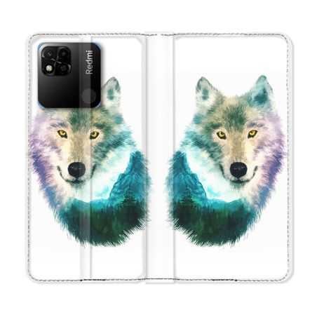 Housse cuir portefeuille Pour Xiaomi Redmi 10A Animal Loup Montagne
