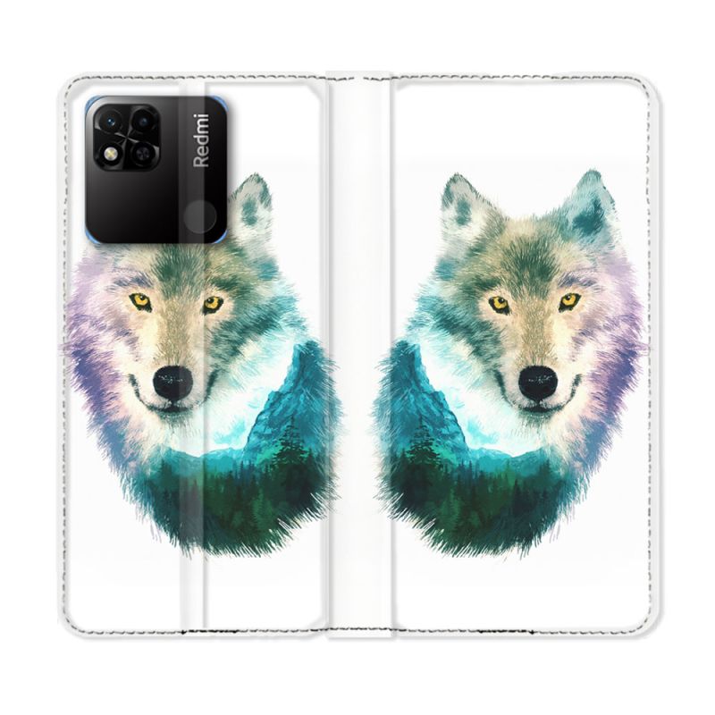Housse cuir portefeuille Pour Xiaomi Redmi 10A Animal Loup Montagne