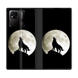 Housse cuir portefeuille Pour Xiaomi Redmi 10A Animal Loup Noir