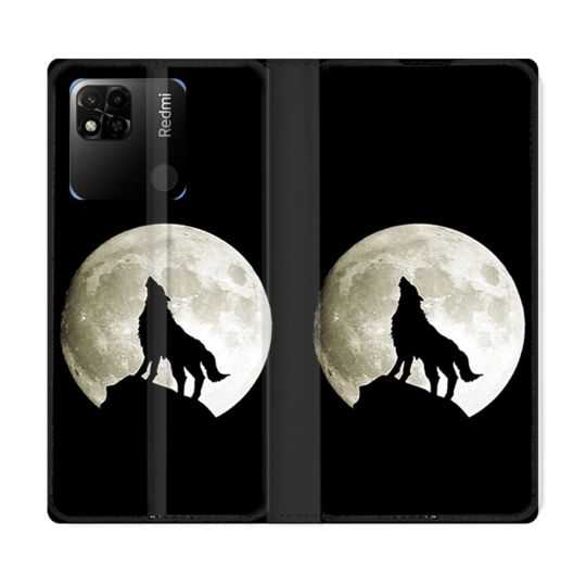 Housse cuir portefeuille Pour Xiaomi Redmi 10A Animal Loup Noir
