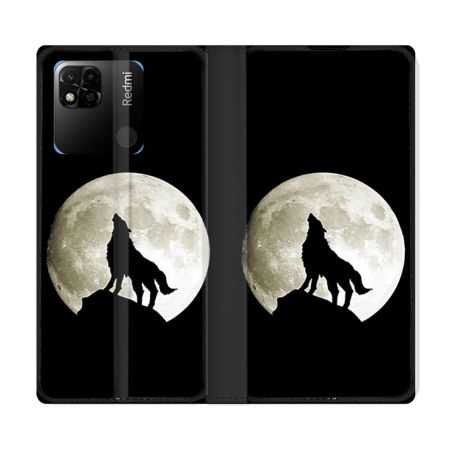 Housse cuir portefeuille Pour Xiaomi Redmi 10A Animal Loup Noir