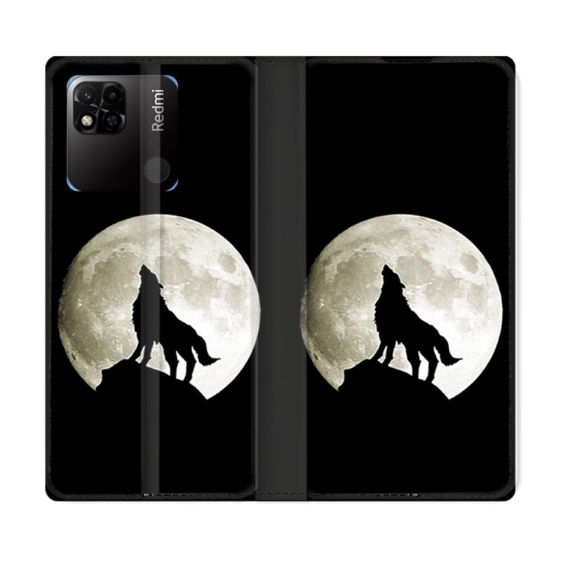 Housse cuir portefeuille Pour Xiaomi Redmi 10A Animal Loup Noir