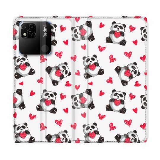 Housse cuir portefeuille Pour Xiaomi Redmi 10A Animal Panda Cœur