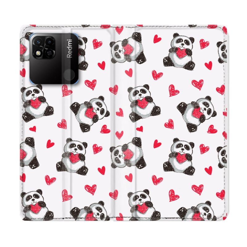 Housse cuir portefeuille Pour Xiaomi Redmi 10A Animal Panda Cœur