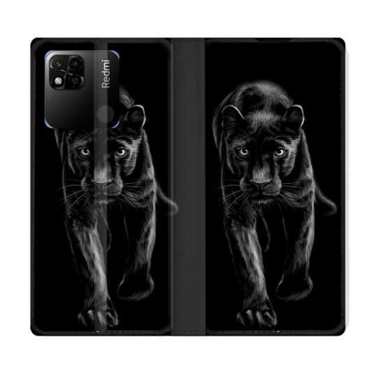 Housse cuir portefeuille Pour Xiaomi Redmi 10A Animal Panthère Noire