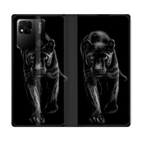 Housse cuir portefeuille Pour Xiaomi Redmi 10A Animal Panthère Noire