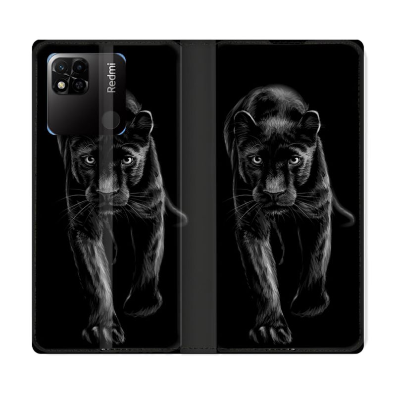 Housse cuir portefeuille Pour Xiaomi Redmi 10A Animal Panthère Noire