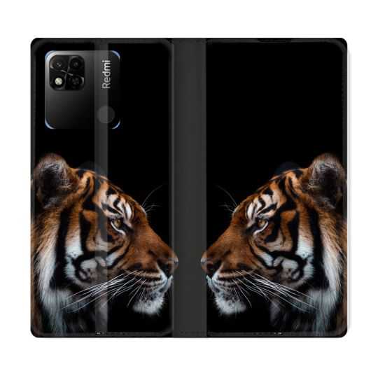 Housse cuir portefeuille Pour Xiaomi Redmi 10A Animal Tigre Noir
