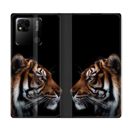 Housse cuir portefeuille Pour Xiaomi Redmi 10A Animal Tigre Noir