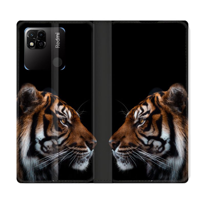 Housse cuir portefeuille Pour Xiaomi Redmi 10A Animal Tigre Noir
