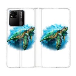 Housse cuir portefeuille Pour Xiaomi Redmi 10A Animal Tortue Blanche multicolore