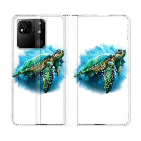 Housse cuir portefeuille Pour Xiaomi Redmi 10A Animal Tortue Blanche multicolore