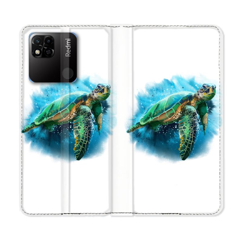 Housse cuir portefeuille Pour Xiaomi Redmi 10A Animal Tortue Blanche multicolore