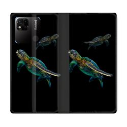 Housse cuir portefeuille Pour Xiaomi Redmi 10A Animal Tortue Noire multicolore