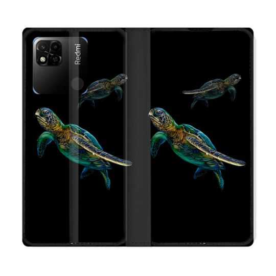 Housse cuir portefeuille Pour Xiaomi Redmi 10A Animal Tortue Noire multicolore