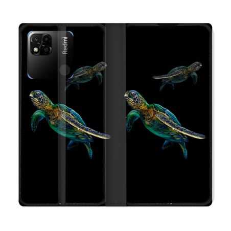 Housse cuir portefeuille Pour Xiaomi Redmi 10A Animal Tortue Noire multicolore