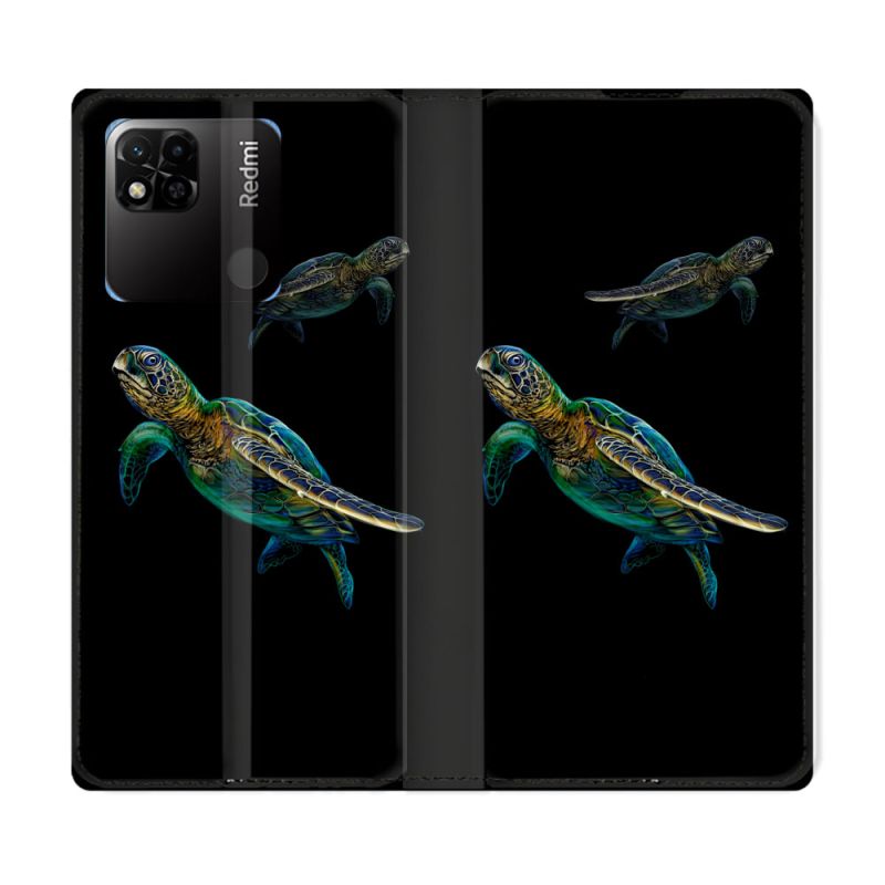 Housse cuir portefeuille Pour Xiaomi Redmi 10A Animal Tortue Noire multicolore