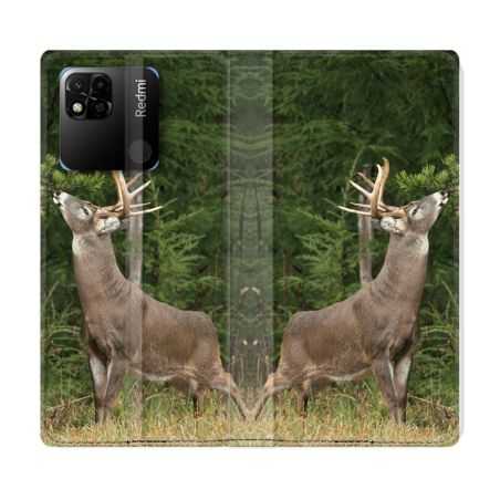 Housse cuir portefeuille Pour Xiaomi Redmi 10A Chasse Cerf