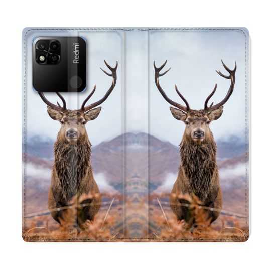 Housse cuir portefeuille Pour Xiaomi Redmi 10A Chasse Chevreuil Montagne