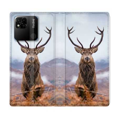 Housse cuir portefeuille Pour Xiaomi Redmi 10A Chasse Chevreuil Montagne