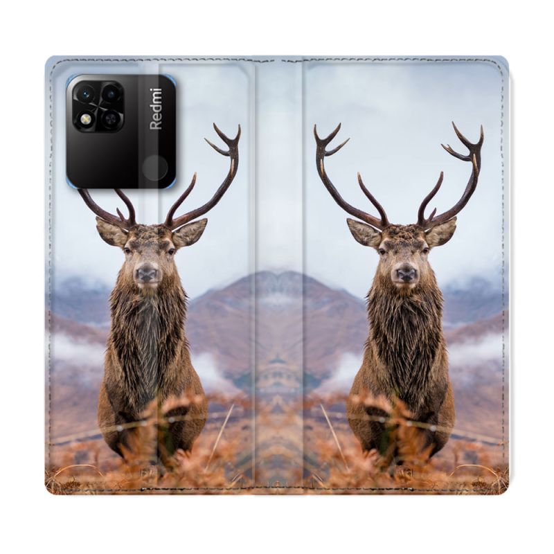 Housse cuir portefeuille Pour Xiaomi Redmi 10A Chasse Chevreuil Montagne